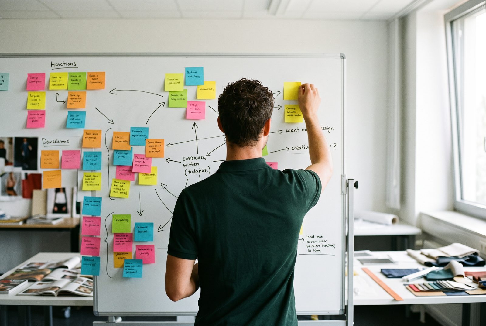 Sven de Boer werkt een merkstrategie uit op een whiteboard